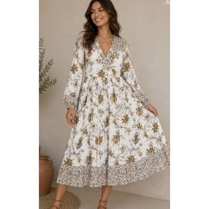 R Vivimos Floral Peasant Midi Dress 8/10 Ivory Gold Front Tie Tassels Boho Party